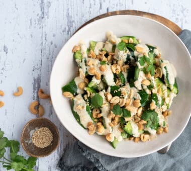Smashed cucumber salad with creamy ginger-miso peanut dressing
